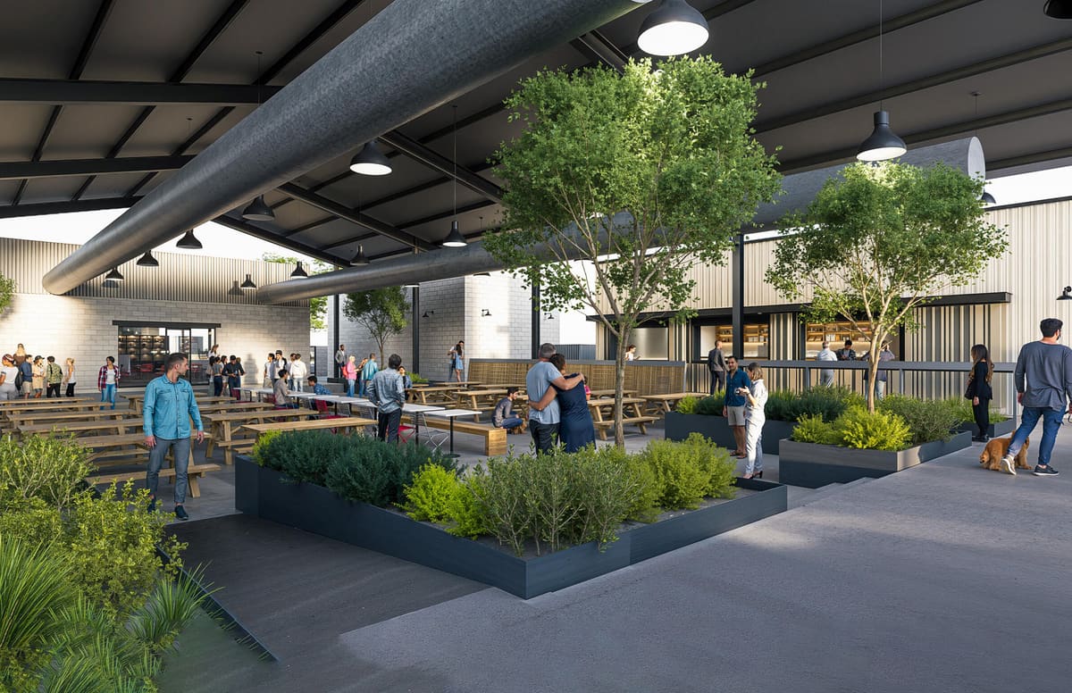 Inside the Jefferson House courtyard — picnic tables, planters and trees under the black-steel canopy