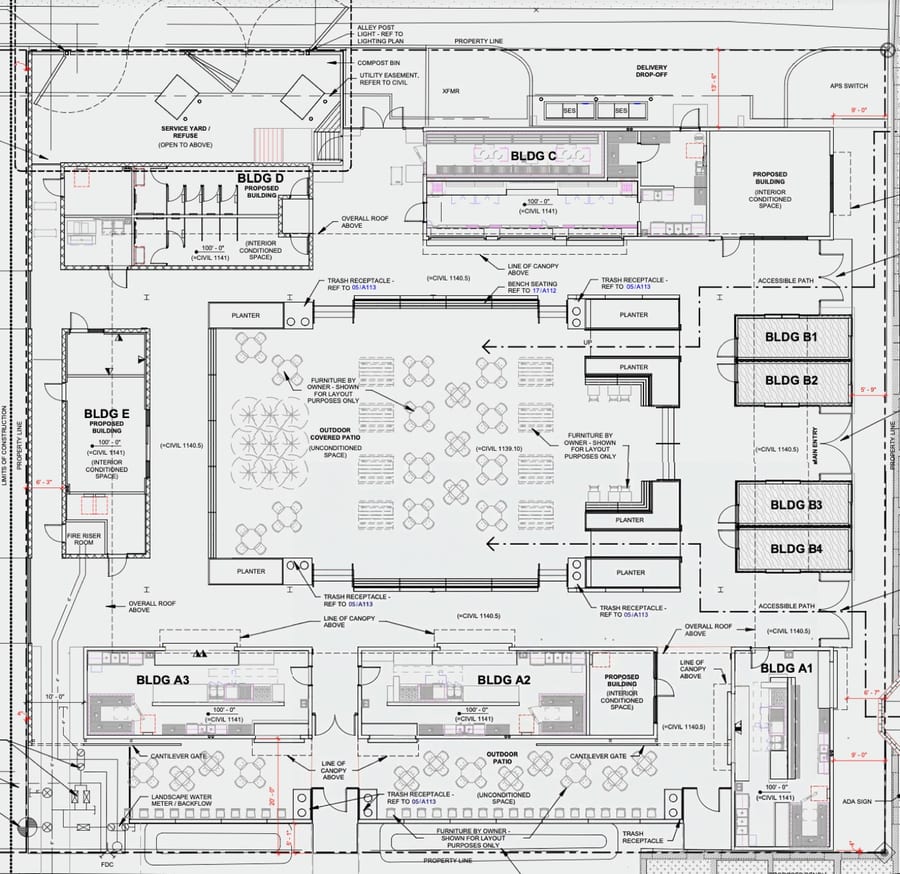 Jefferson House architectural site plan — kitchens along Jefferson Street, container shops at the 83rd Avenue entry, bar building on the north side, courtyard in the middle